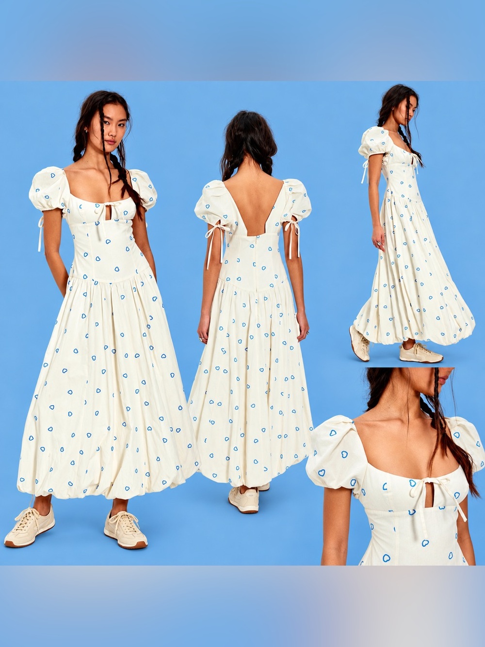 Free People Bali Sprinkled Heart Puff Sleeve Maxi Dress Ivory 0 NWT $268